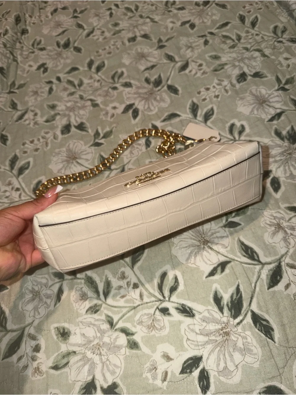 Coach Cream Croc-Embossed Mini Shoulder Bag with Gold Chain